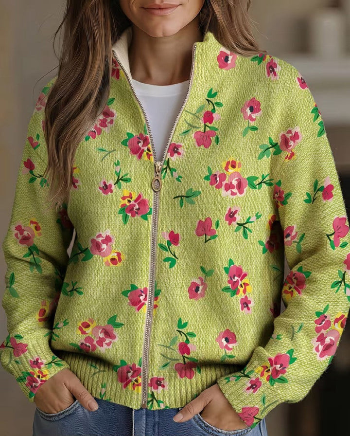 Constance™ | Cardigan Rosa Lime avec Zip et Motif Floral