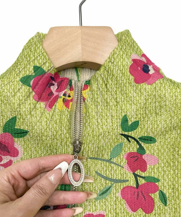 Constance™ | Cardigan Rosa Lime avec Zip et Motif Floral