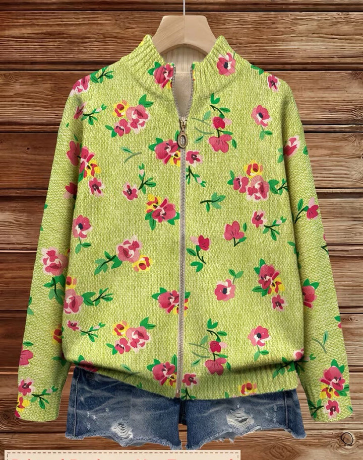 Constance™ | Cardigan Rosa Lime avec Zip et Motif Floral