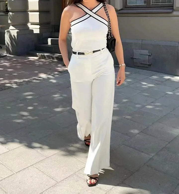 Top femme à bretelles croisées halter et liseré contrasté