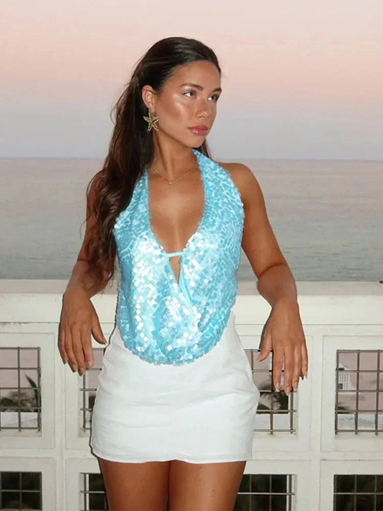 T-shirt femme à paillettes et col halter