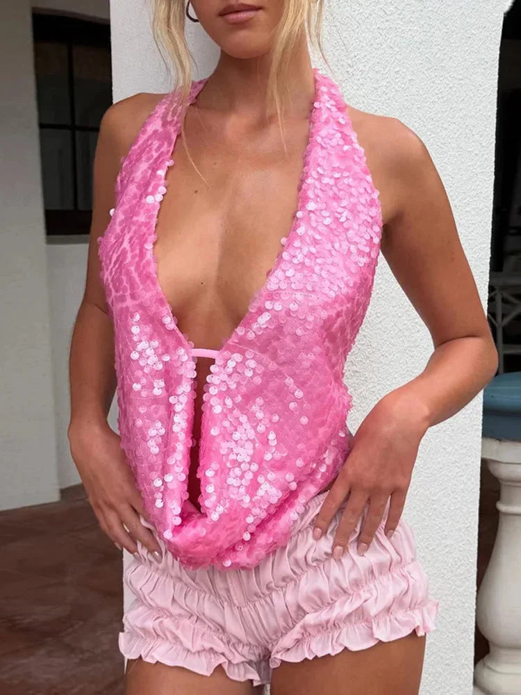 T-shirt femme à paillettes et col halter
