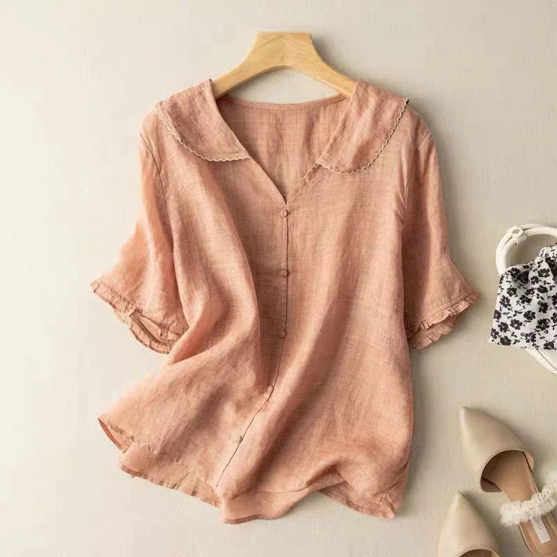 Blouse décontractée en lin aéré à col en V manches courtes femmes – Haut d’été léger respirant à coupe ample