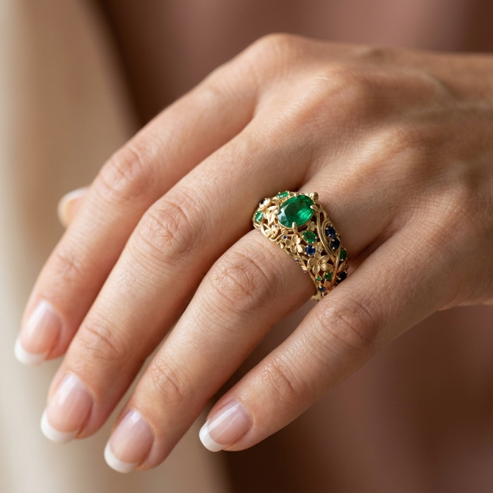 Bague de Luxe avec Émeraude et Saphir