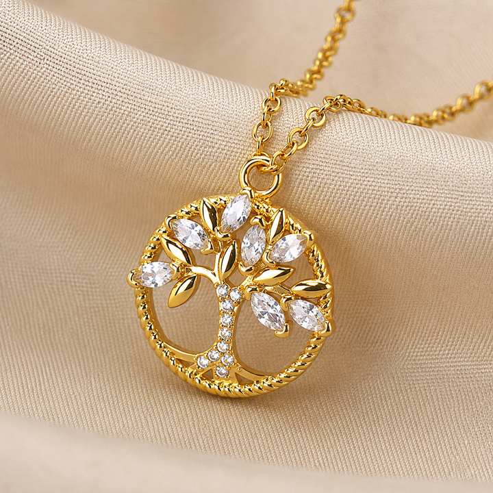 Collier avec pendentif Arbre de Vie en or avec cristaux