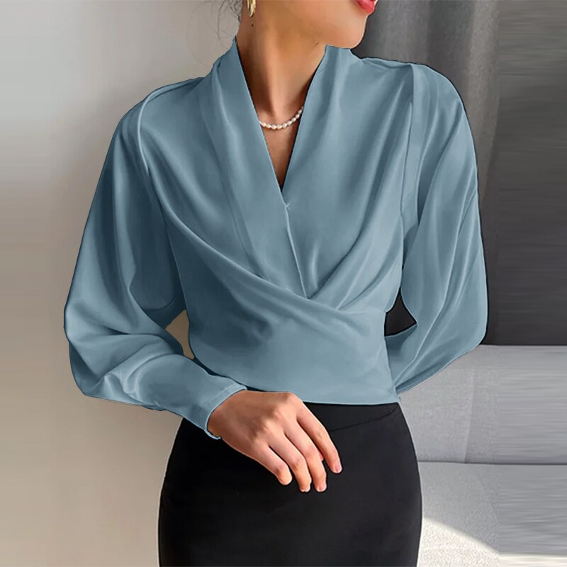 Chemisier cache-cœur élégant à col en V pour femme – Manches longues bouffantes