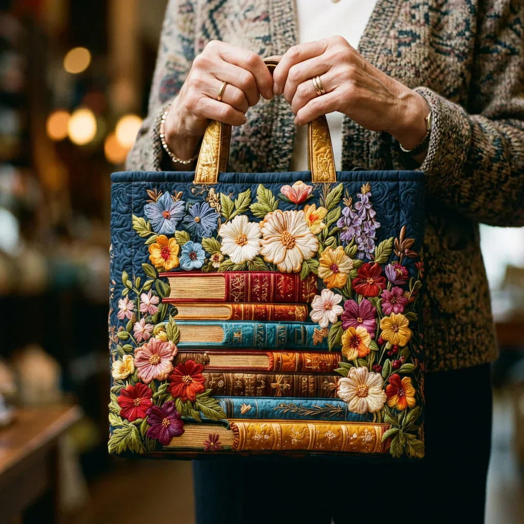 Sac fait main - Motif floral et livres