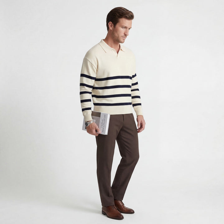 Polo Homme Coton Mélangé – Polo Manches Longues Rayures Contrastées