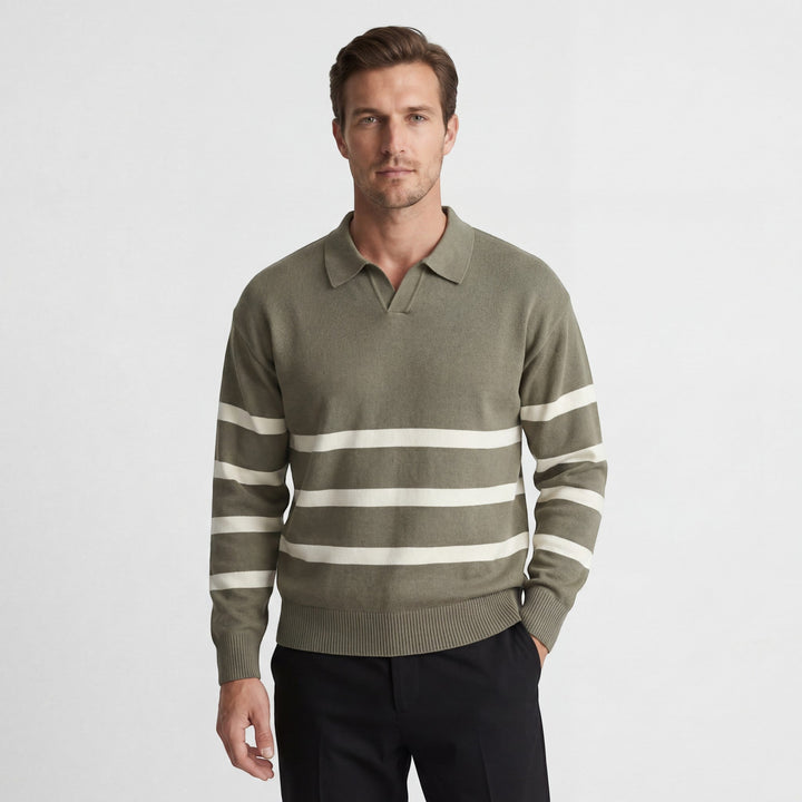 Polo Homme Coton Mélangé – Polo Manches Longues Rayures Contrastées