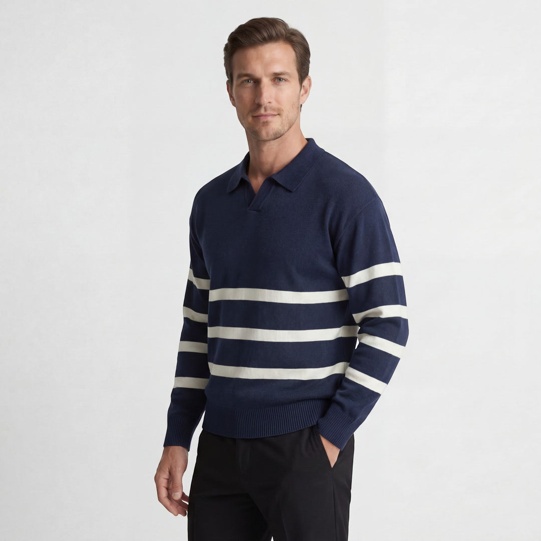 Polo Homme Coton Mélangé – Polo Manches Longues Rayures Contrastées