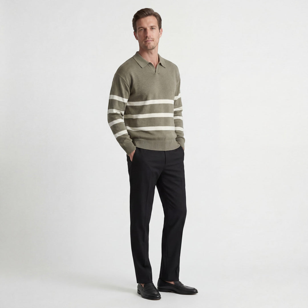 Polo Homme Coton Mélangé – Polo Manches Longues Rayures Contrastées