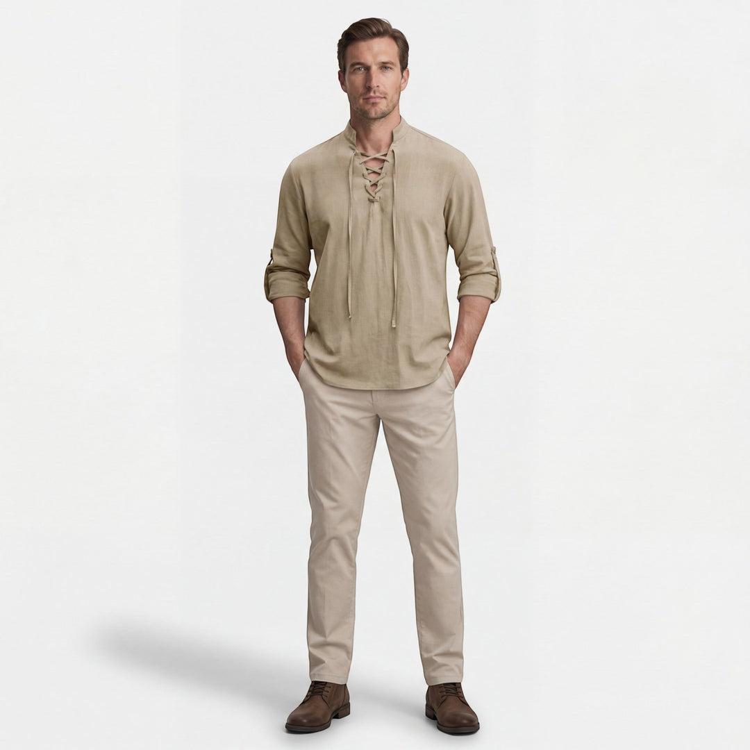 Chemise homme en lin col montant à lacets – Coupe ample décontractée