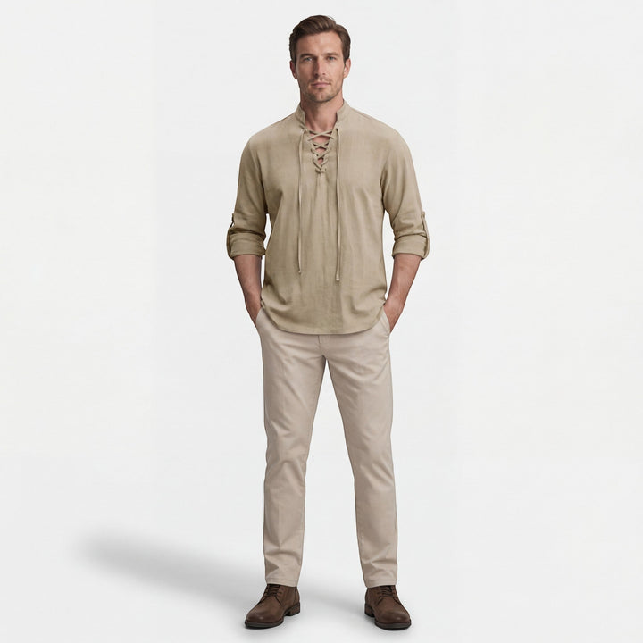 Chemise homme en lin col montant à lacets – Coupe ample décontractée