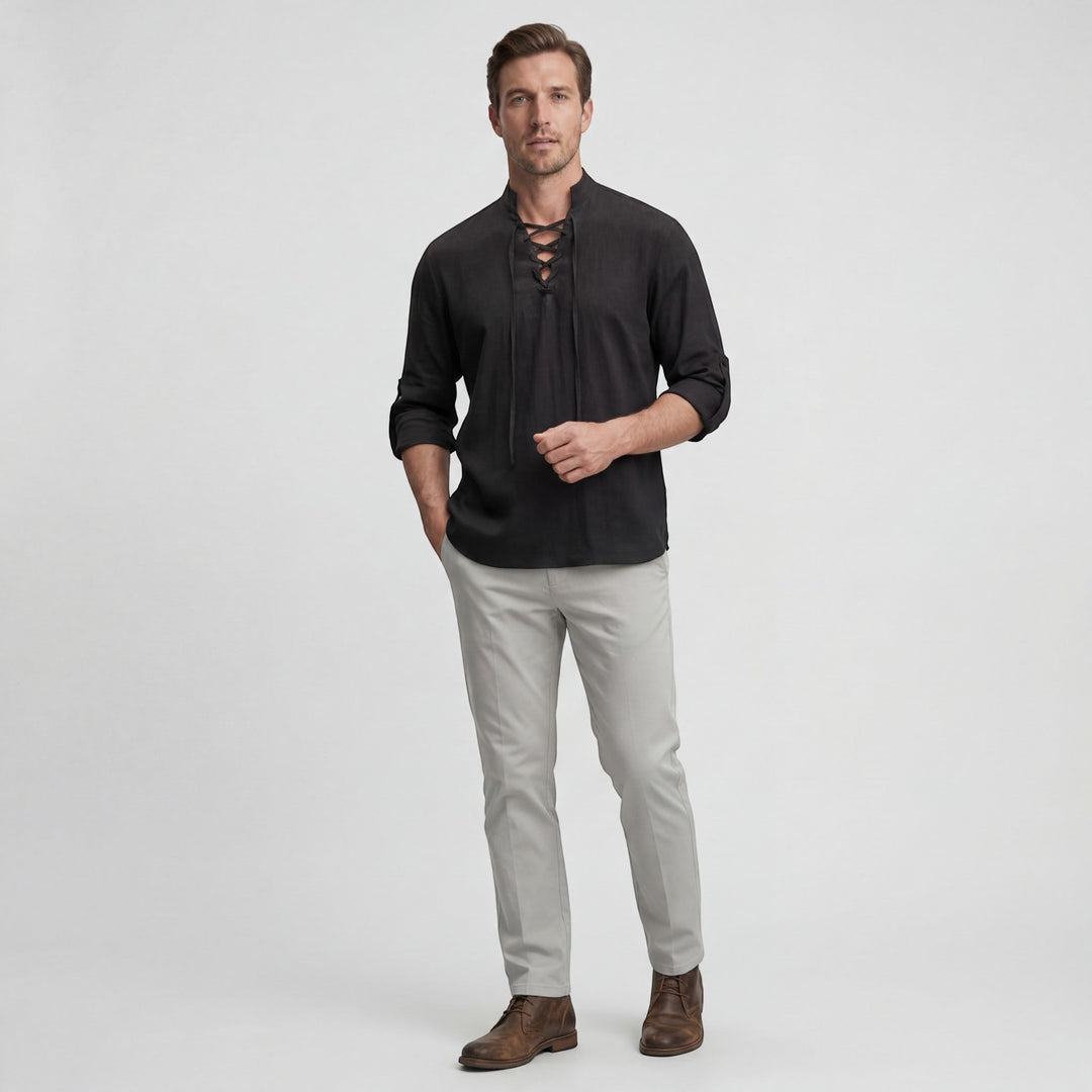 Chemise homme en lin col montant à lacets – Coupe ample décontractée