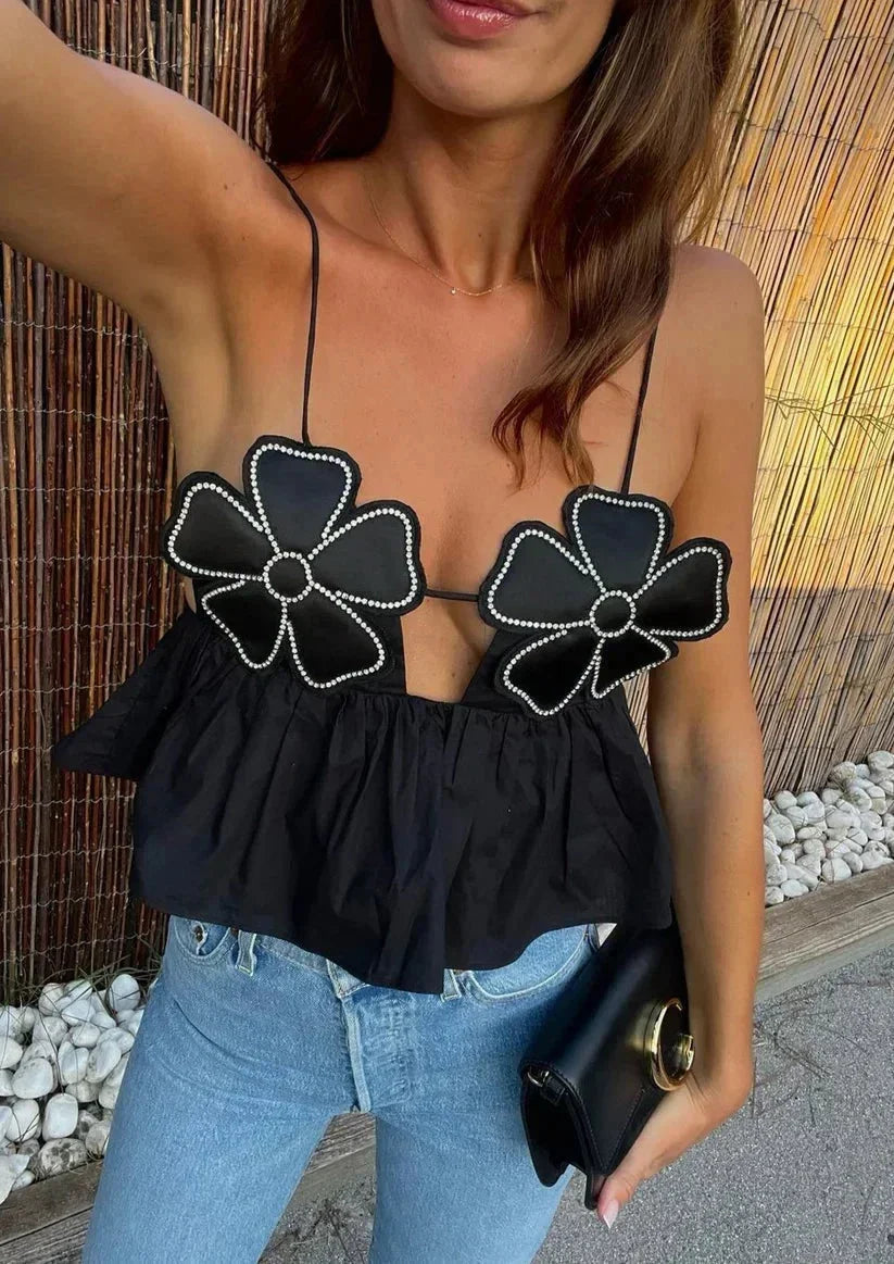 Top court femme avec applications florales et fines bretelles
