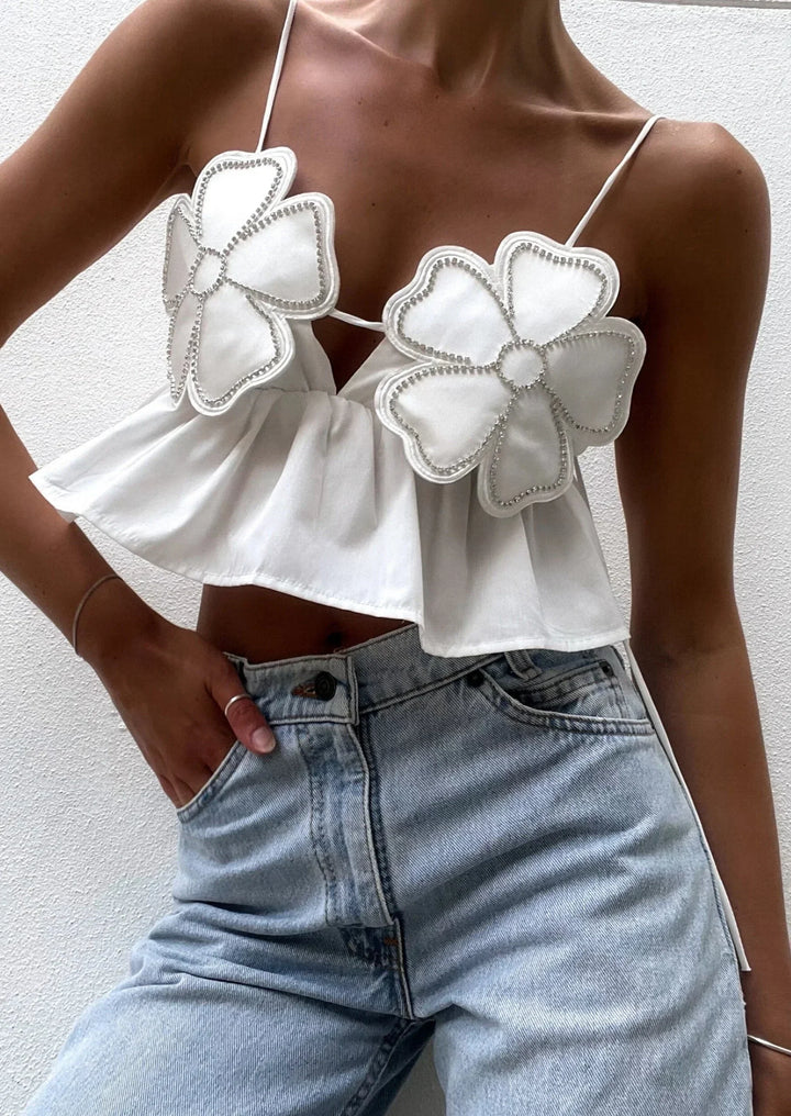 Top court femme avec applications florales et fines bretelles