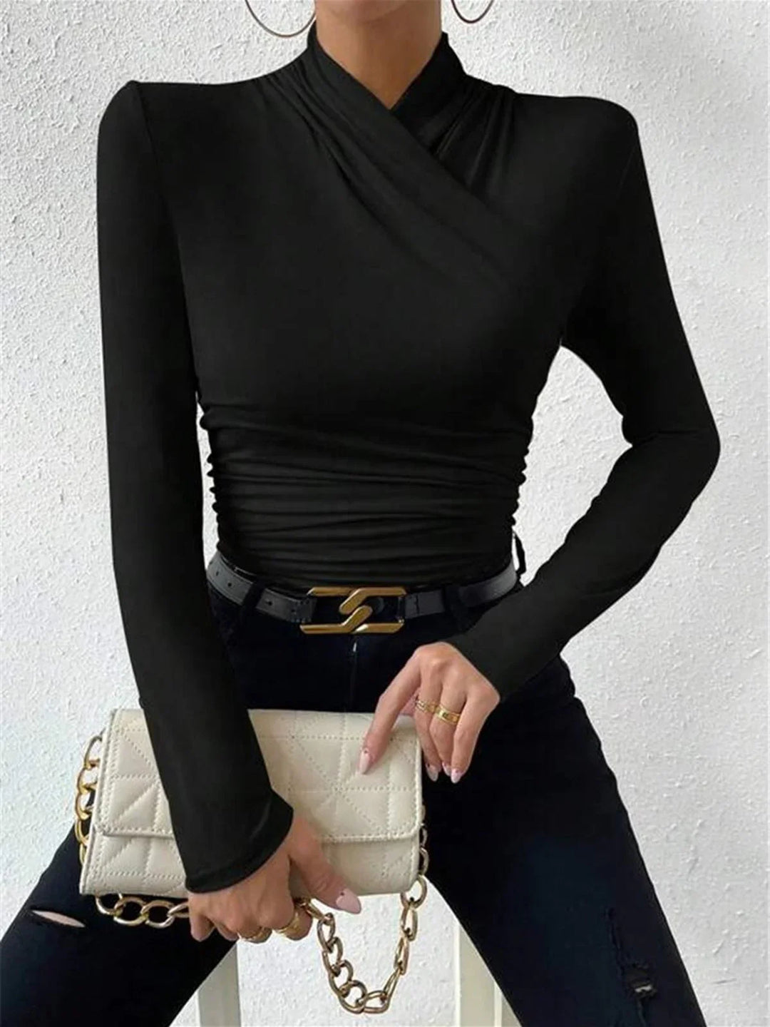 Top croisé drapé à manches longues pour femme