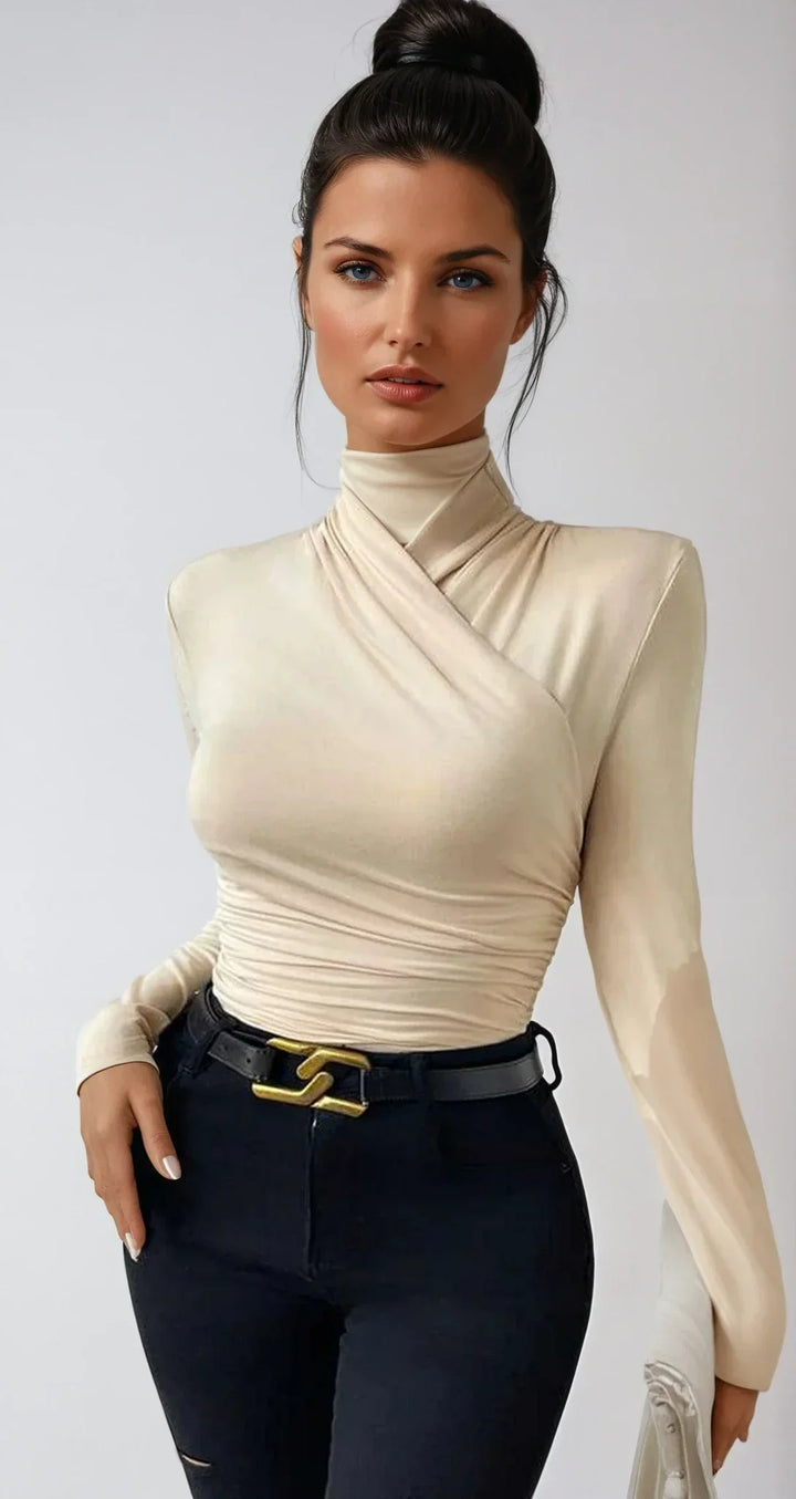 Top croisé drapé à manches longues pour femme