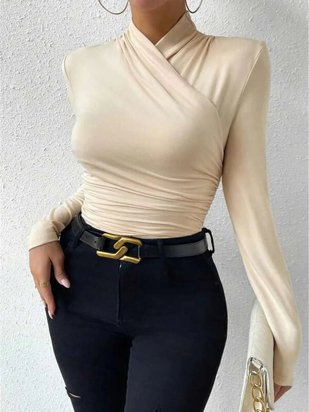 Top croisé drapé à manches longues pour femme