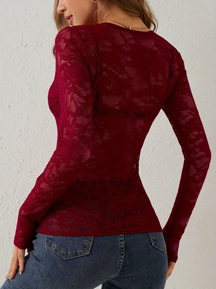 Top en dentelle femme à manches longues et élégant col en V