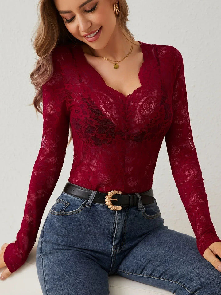 Top en dentelle femme à manches longues et élégant col en V