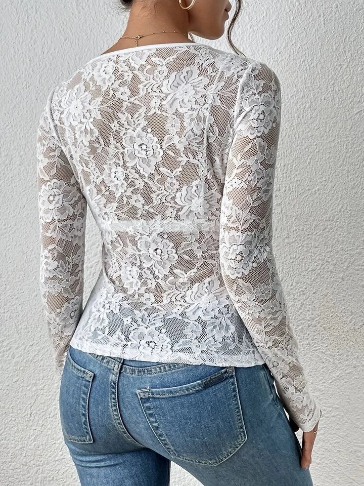 Top en dentelle femme à manches longues et élégant col en V