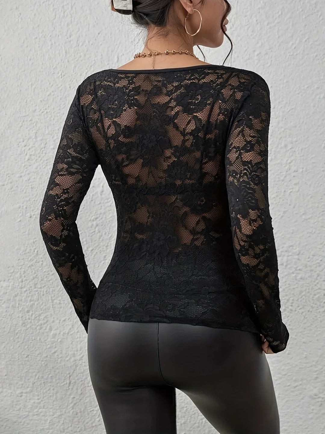 Top en dentelle femme à manches longues et élégant col en V