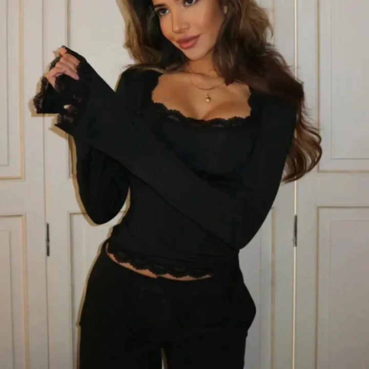Top femme à manches longues et dentelle élégante