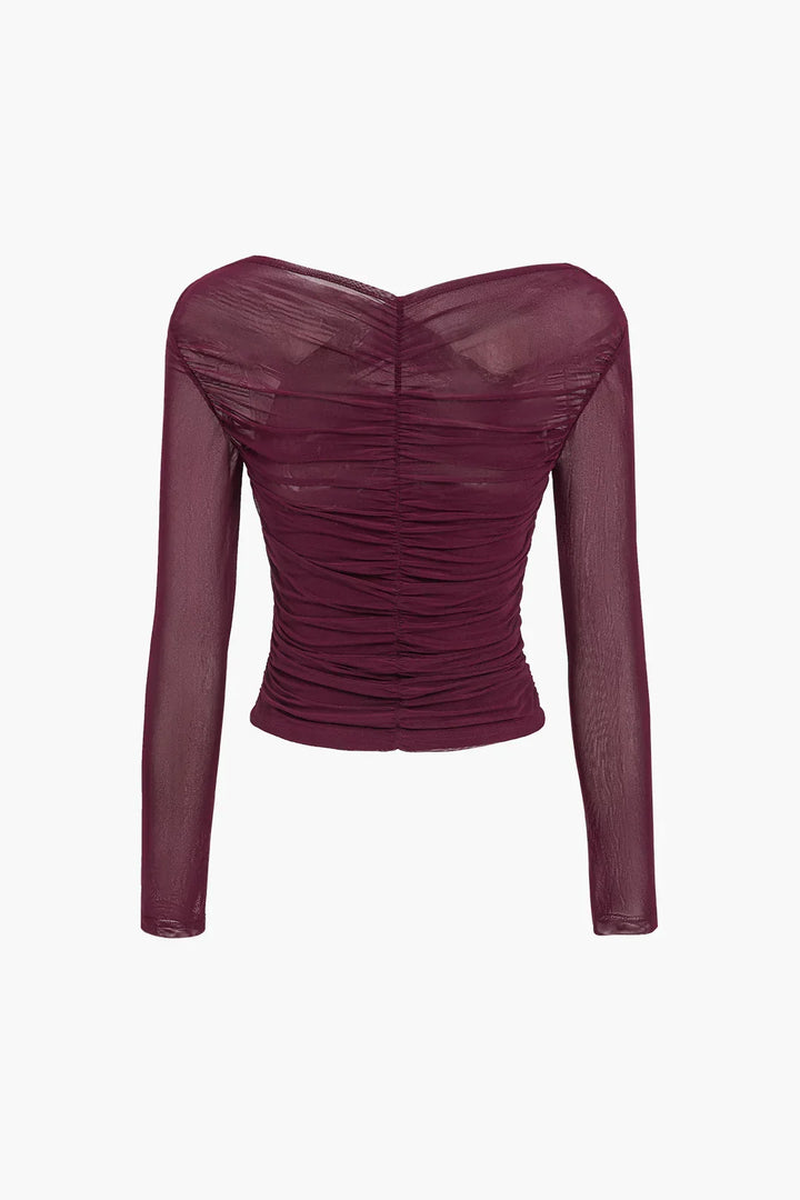 Top femme à manches longues avec effet plissé transparent