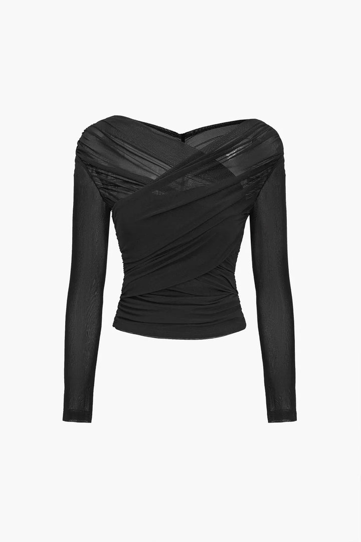 Top femme à manches longues avec effet plissé transparent