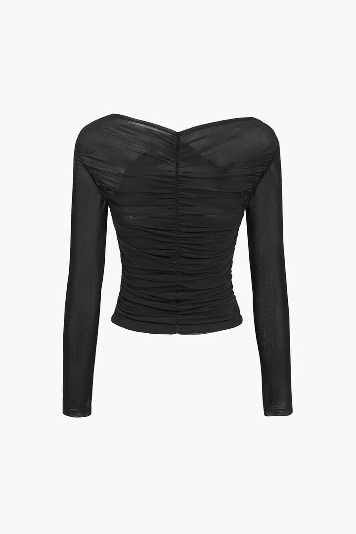 Top femme à manches longues avec effet plissé transparent