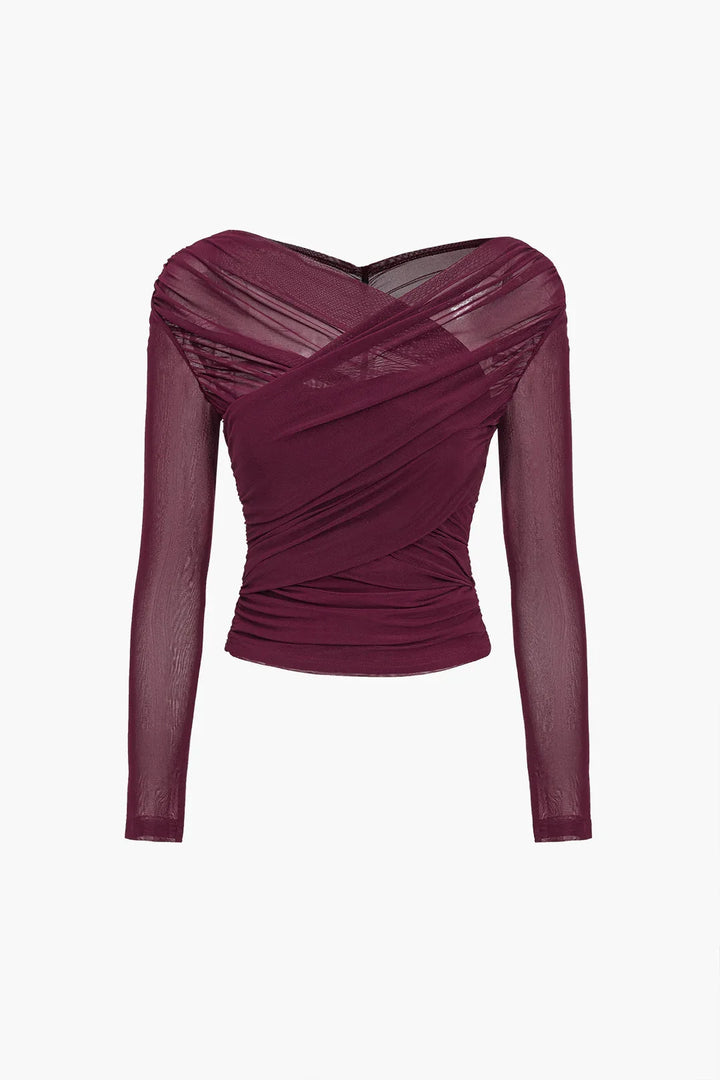 Top femme à manches longues avec effet plissé transparent