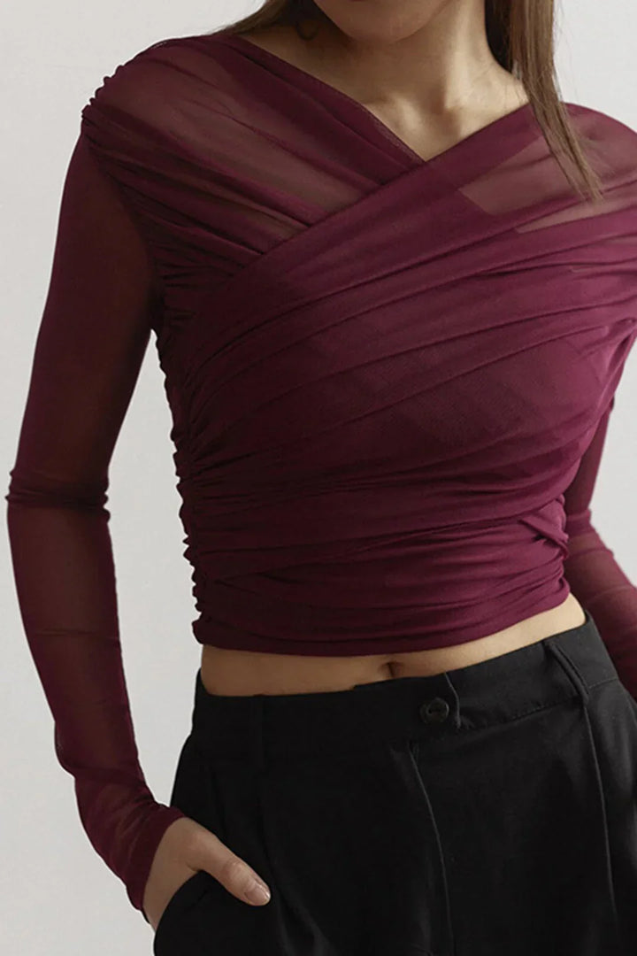 Top femme à manches longues avec effet plissé transparent