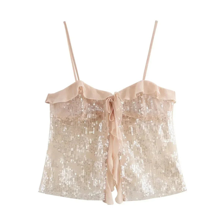 Top court femme à paillettes, fines bretelles et volants en organza