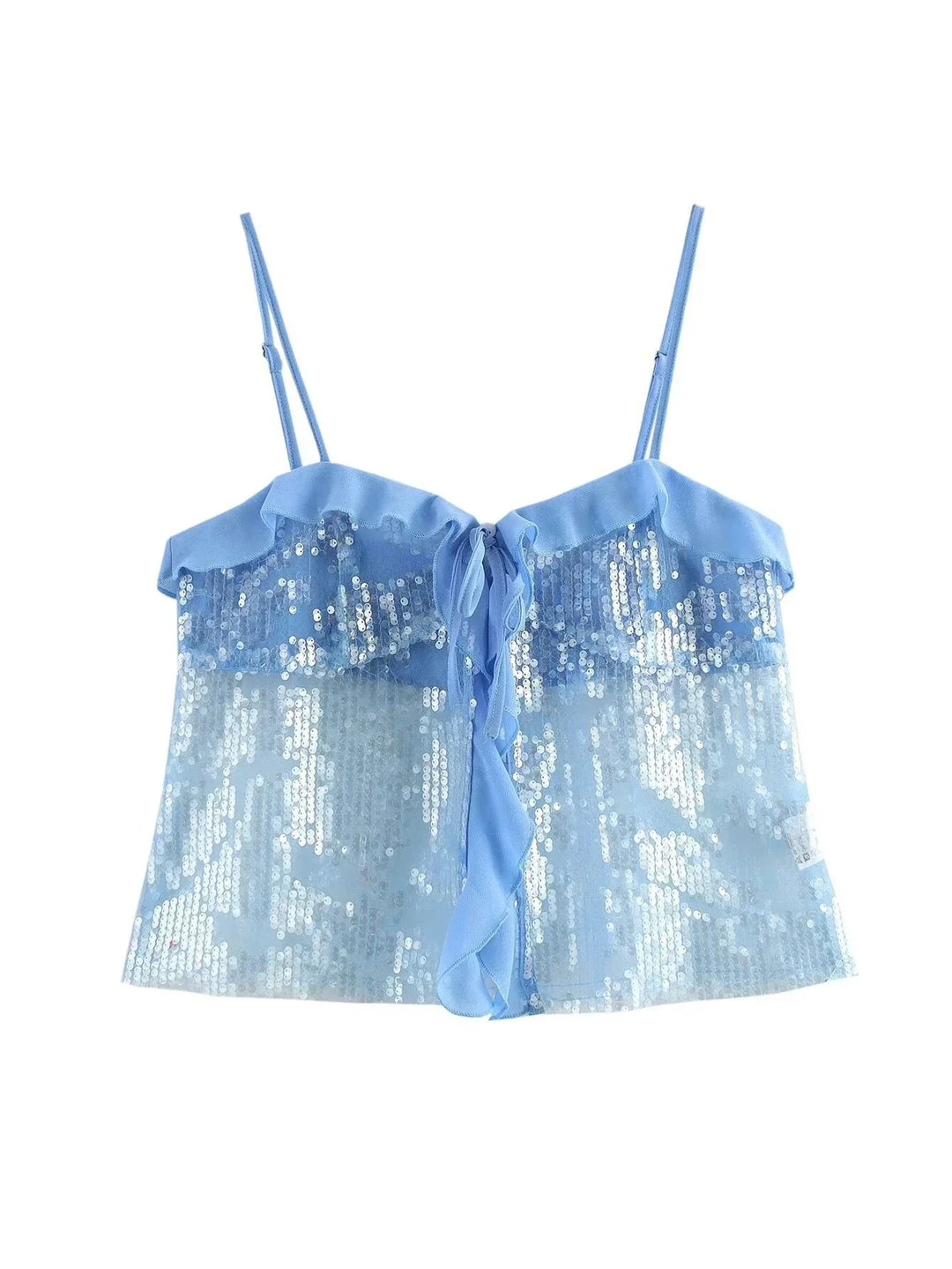 Top court femme à paillettes, fines bretelles et volants en organza