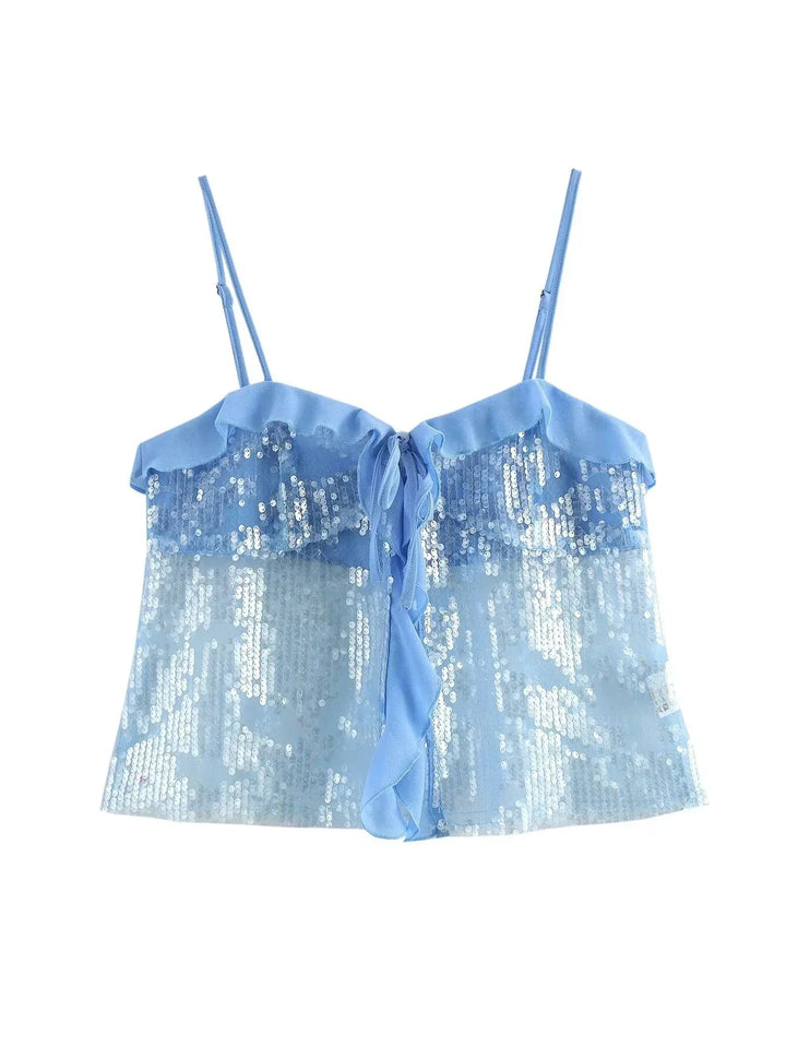 Top court femme à paillettes, fines bretelles et volants en organza