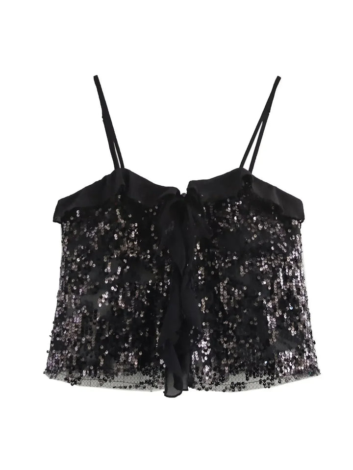 Top court femme à paillettes, fines bretelles et volants en organza