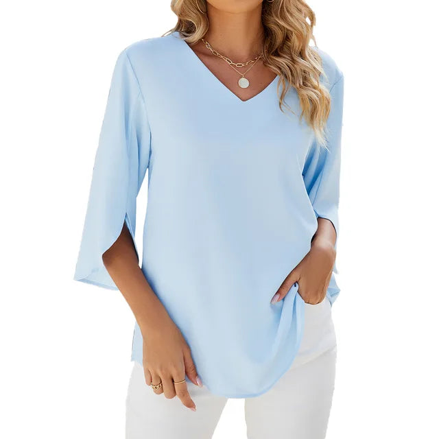 Blouse Élégante Femme Col en V Manches Trois-Quarts – Haut Léger Confortable Doux Unique au Quotidien ou au Bureau