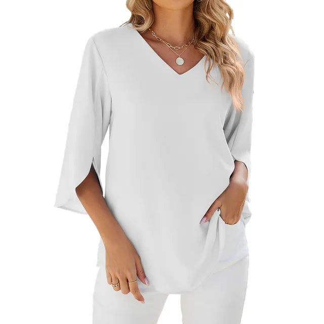 Blouse Élégante Femme Col en V Manches Trois-Quarts – Haut Léger Confortable Doux Unique au Quotidien ou au Bureau