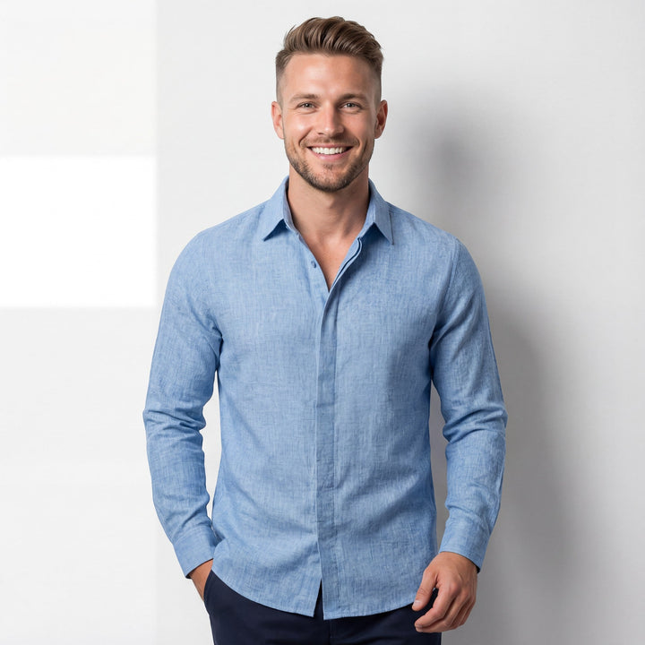Chemise homme en lin mélangé manches longues – Coupe décontractée