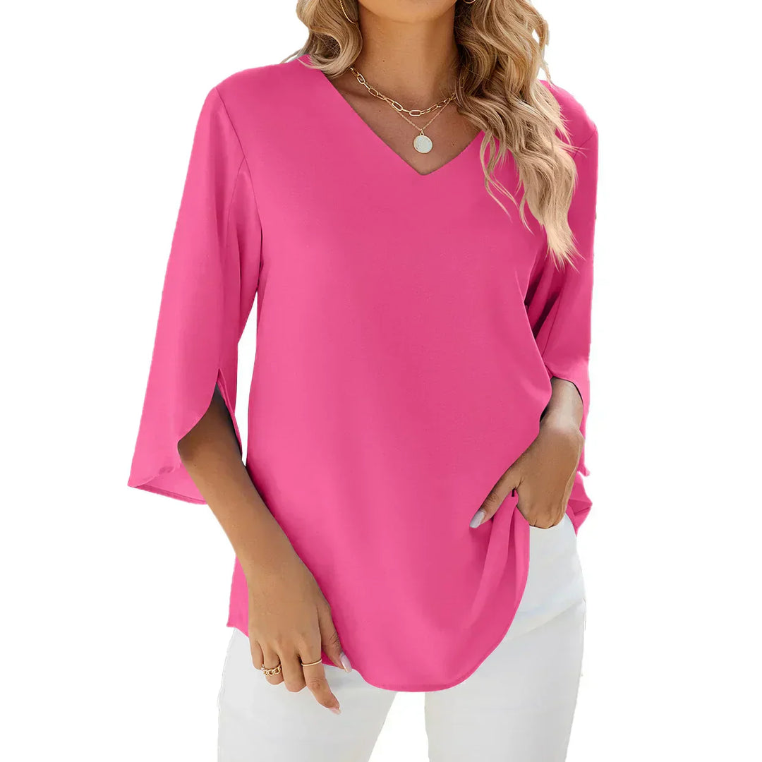 Blouse Élégante Femme Col en V Manches Trois-Quarts – Haut Léger Confortable Doux Unique au Quotidien ou au Bureau