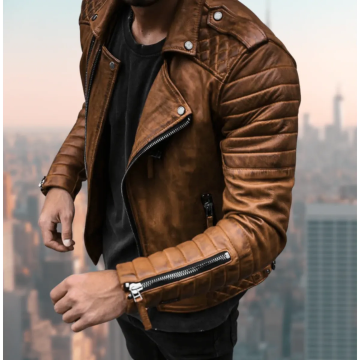 Veste Biker Homme Effet Cuir – Col Montant Fermeture Zippée Coupe Décontractée