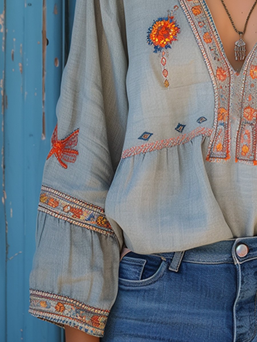 Blouse Bohème Décontractée pour Femme – Top d’Été Aéré à Col V et Broderie