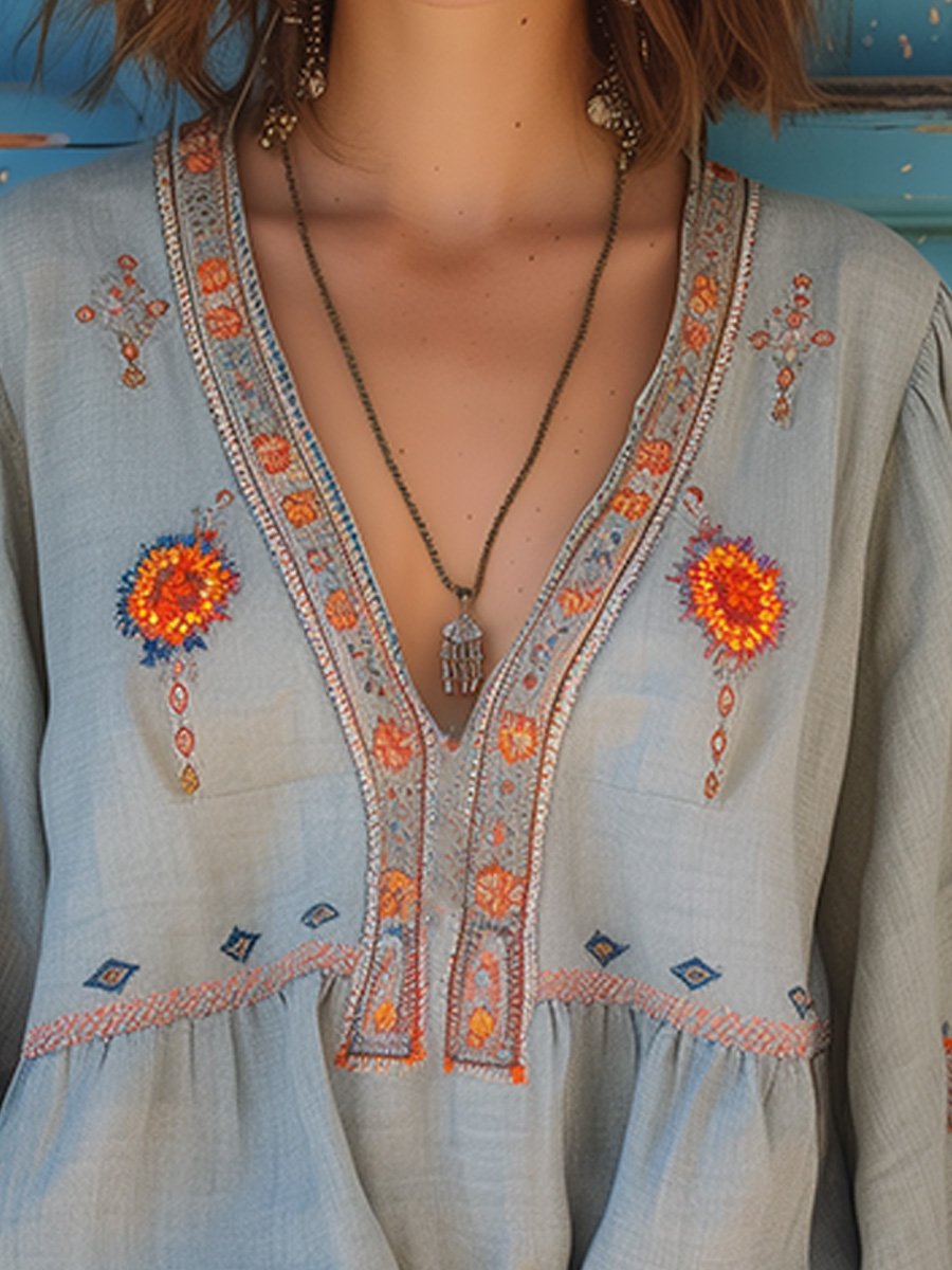 Blouse Bohème Décontractée pour Femme – Top d’Été Aéré à Col V et Broderie