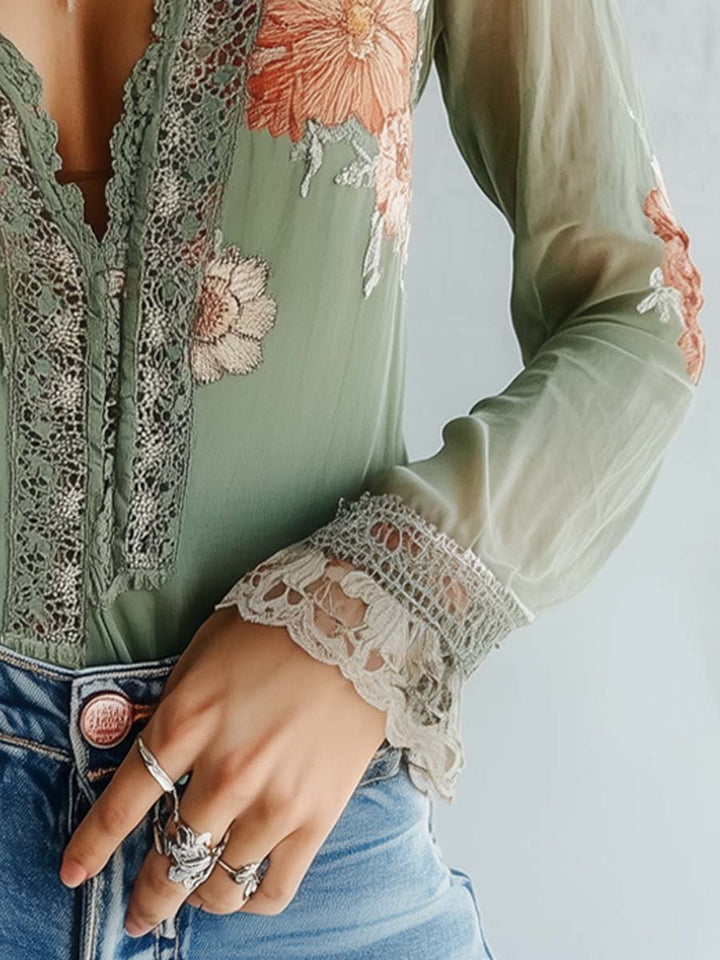 Blouse en Dentelle Florale Bohème Femme – Haut Ajusté à Col V Élégant