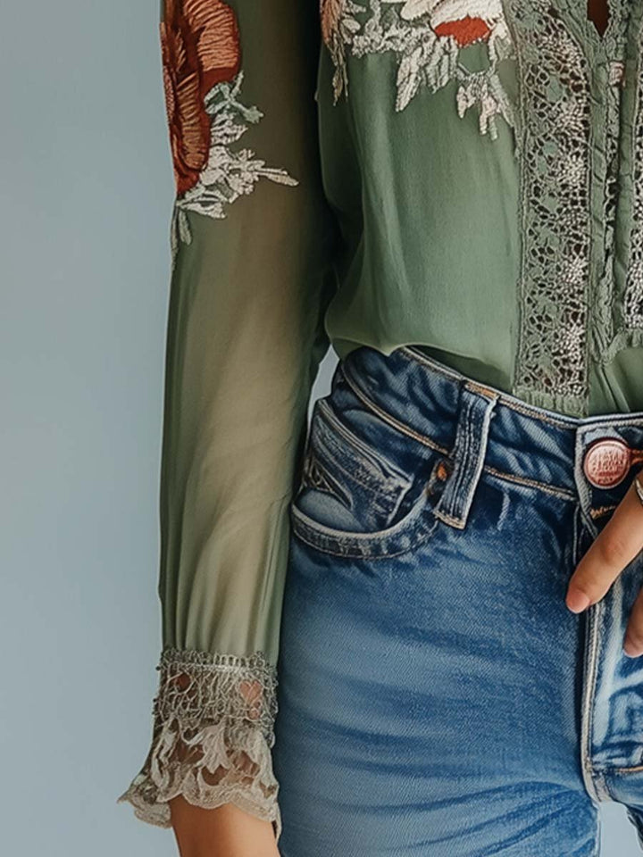 Blouse en Dentelle Florale Bohème Femme – Haut Ajusté à Col V Élégant