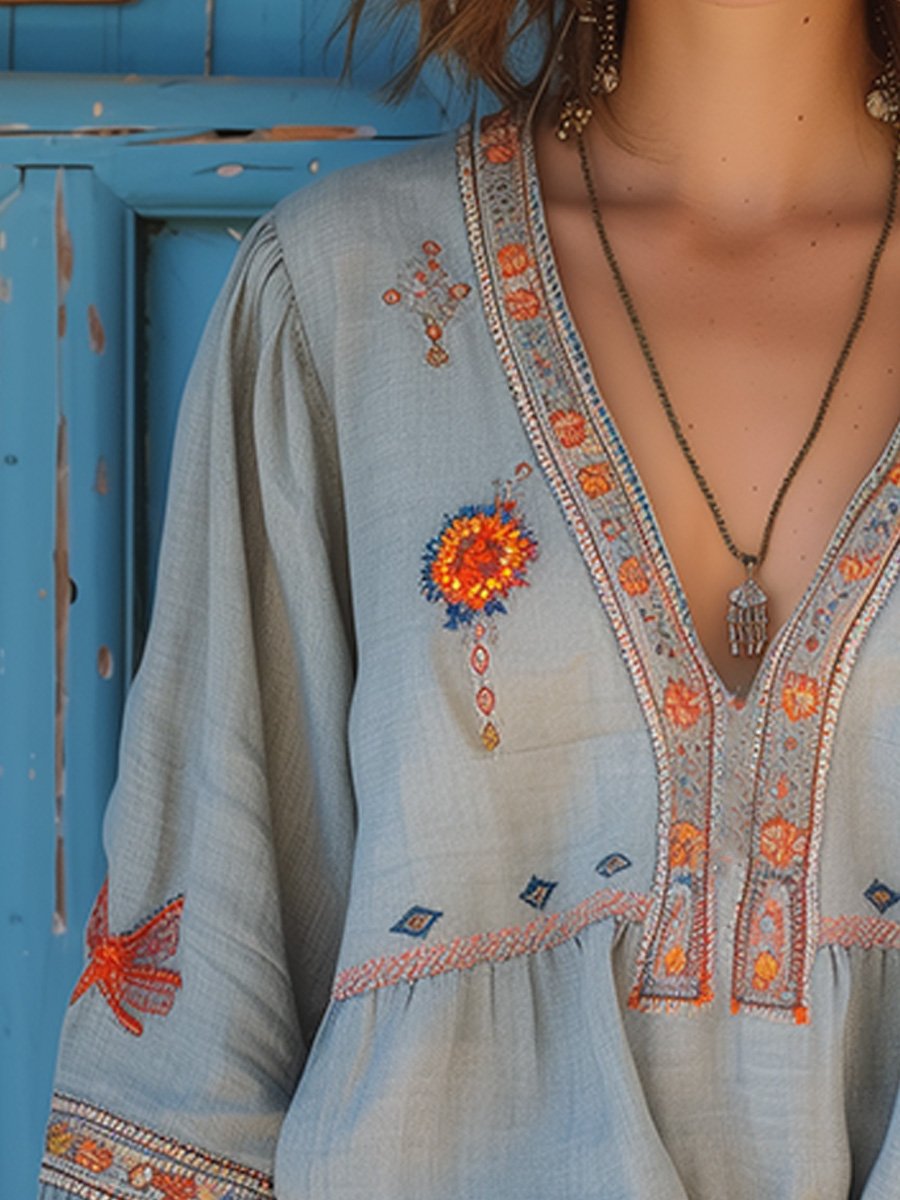 Blouse Bohème Décontractée pour Femme – Top d’Été Aéré à Col V et Broderie