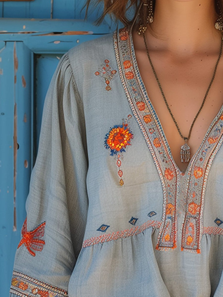 Blouse Bohème Décontractée pour Femme – Top d’Été Aéré à Col V et Broderie
