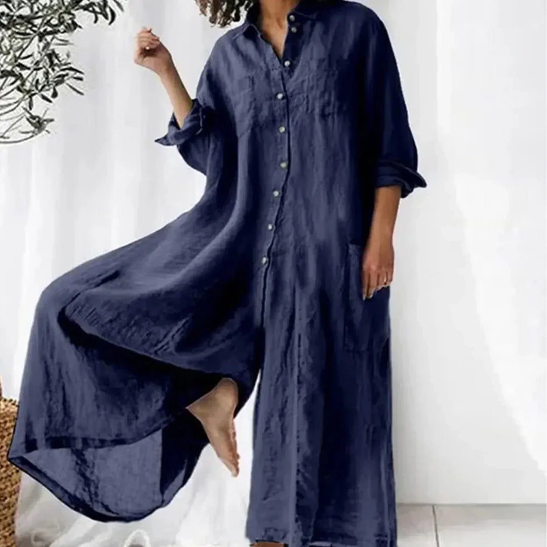 Combinaison ample légère boutonnée jambes larges femmes – confortable
