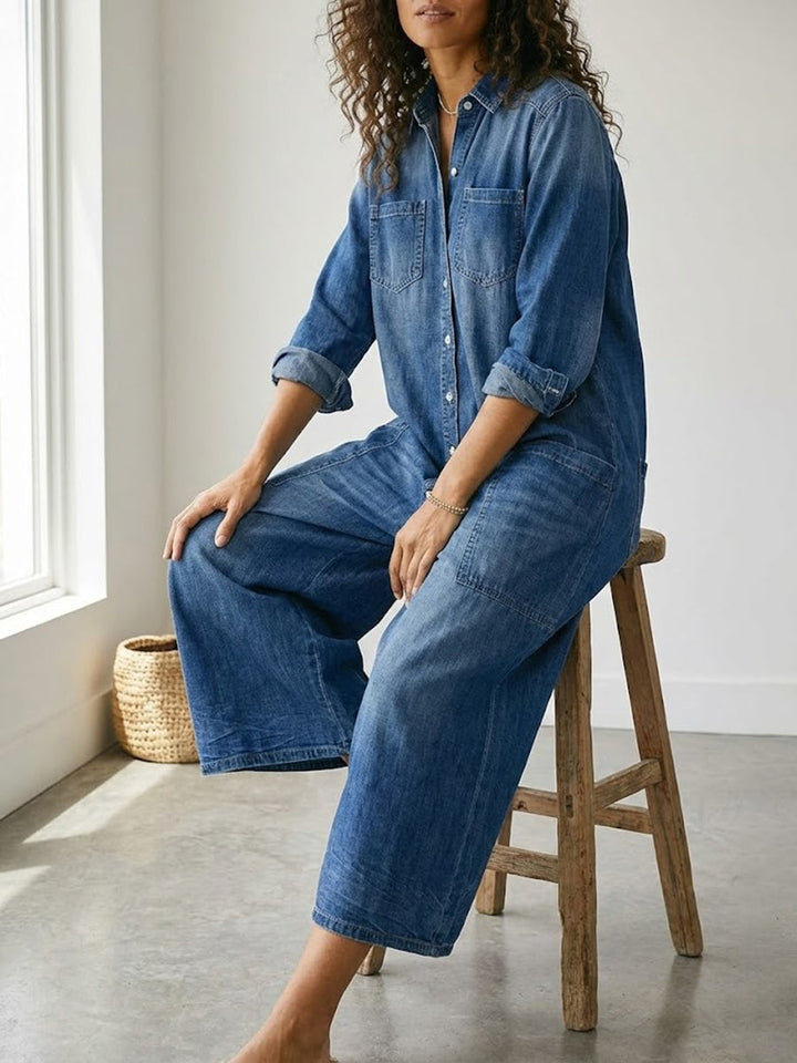 Combinaison Femme en Denim Foncé Délavé – Style Utility Décontracté à Boutons